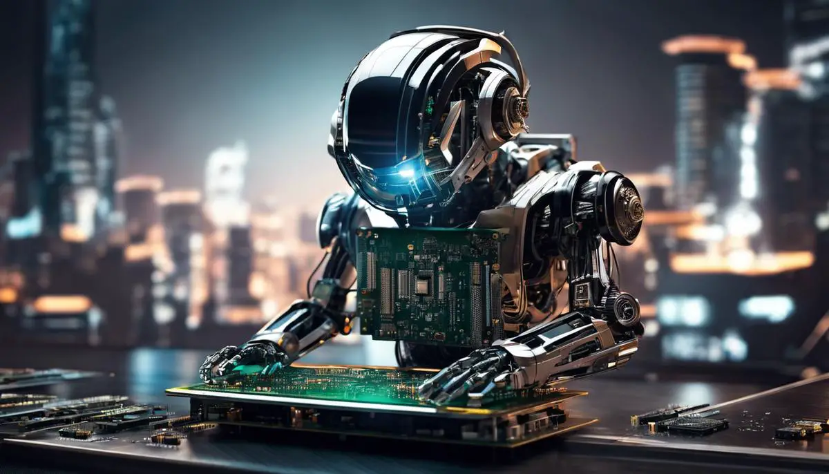 Image: A futuristic robot holding a circuit board, representing the rise of Artificial Intelligence in programming.
