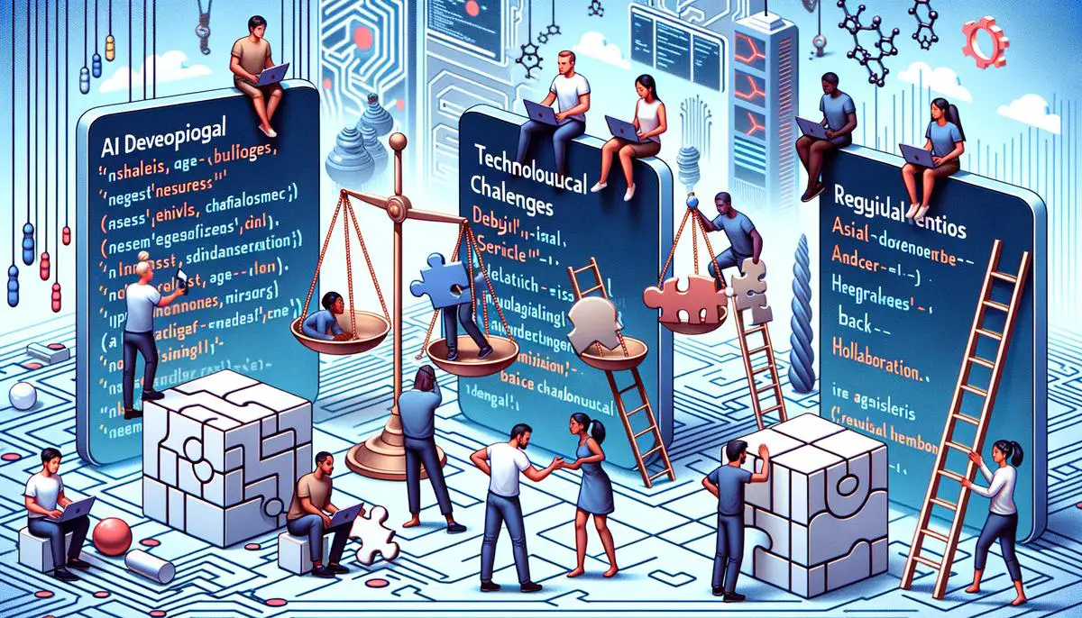 image showing AI developers facing various challenges in technology, ethics, collaboration, and regulation