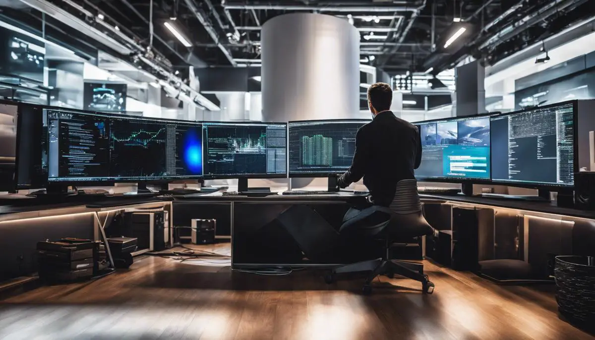 Image of a person working on a computer with GPT screens in the background