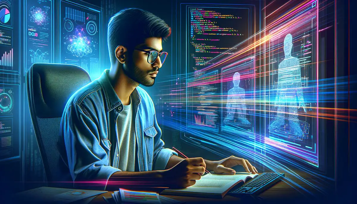 Illustration of a person working on a machine learning project in a digital environment