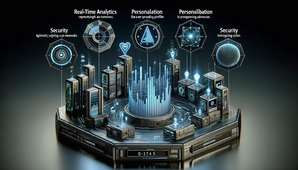 Image of a technological model representing real-time insights, customization, scalability, security, and innovation within a digital landscape