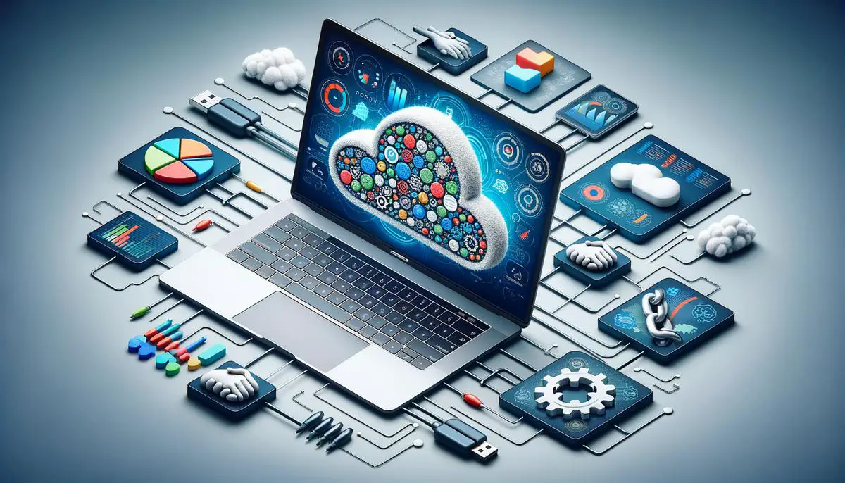 An image showing various tech tools like a laptop, cloud icon, collaboration symbol, and data visualization charts that represent different elements mentioned in the text