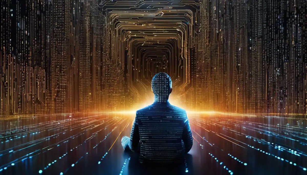 Illustration of a person surrounded by computer code and binary digits representing the interconnectedness of AI and cybersecurity.