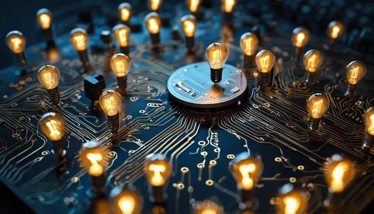 Image of an AI circuit board surrounded by question marks and lightbulbs, representing the idea of artificial general intelligence