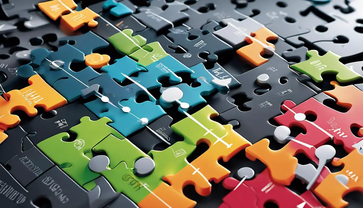 An image depicting the challenges and complexities of ChatGPT expansion, showing interconnected puzzle pieces with arrows indicating scaling, integration, adaptation, user experience, and interoperability.