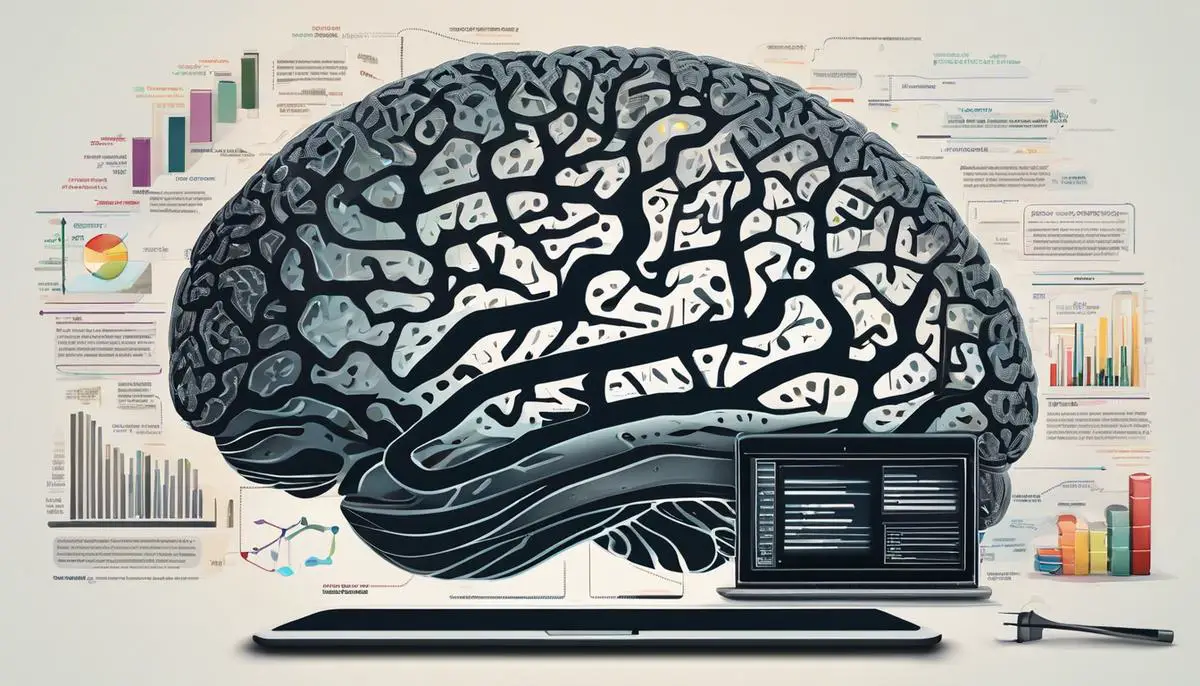 Illustration of a brain and a computer, representing the text's exploration of GPT's language generation abilities.