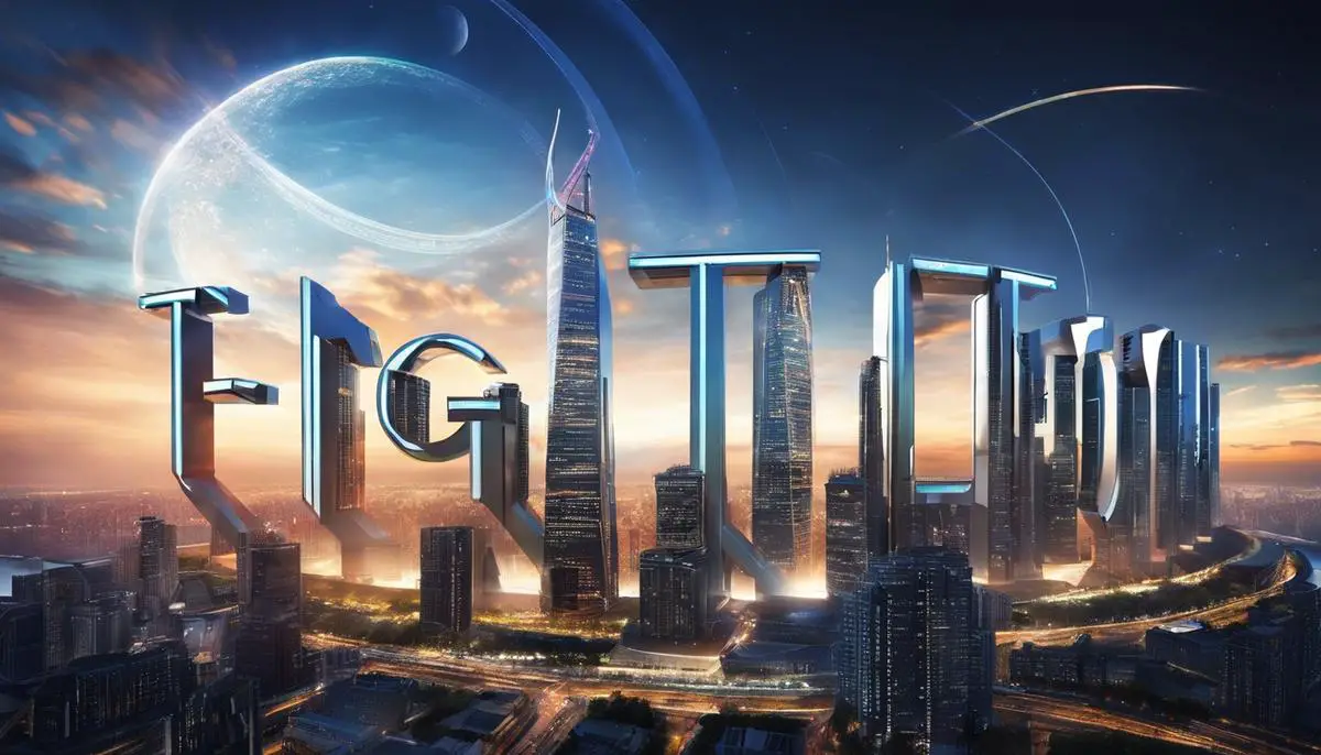 Image of a futuristic cityscape with GPT written in big letters in the sky, representing the revolution of GPT technology.