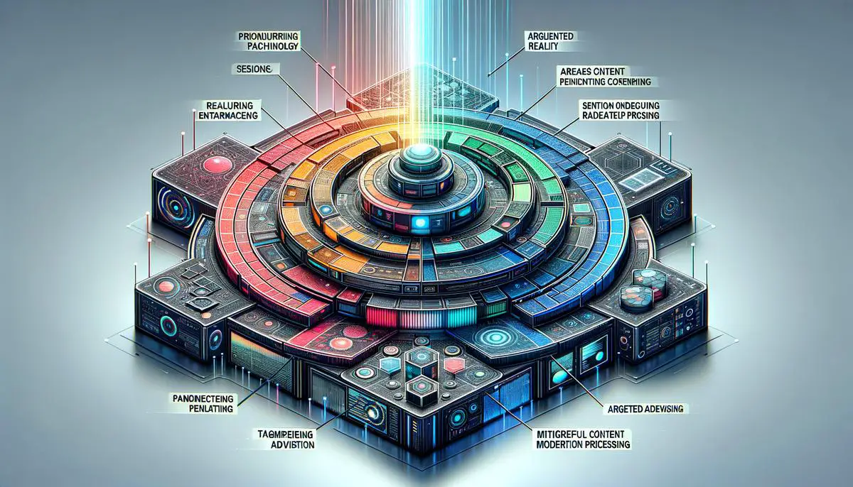 Image illustrating the concept of image segmentation technology being utilized on Meta platforms, contributing to AR, content moderation, and targeted advertising.