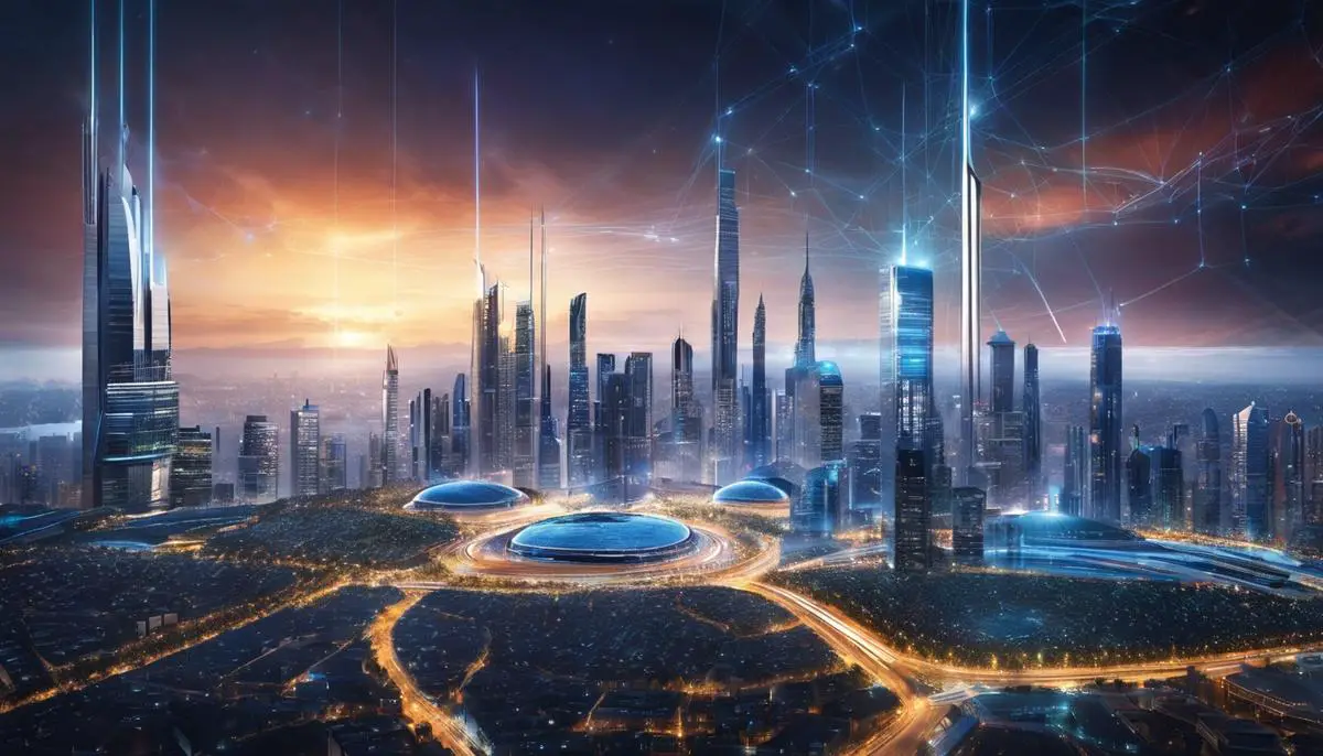 A futuristic cityscape with high-tech buildings and interconnected networks, symbolizing the advancement of predictive modeling and AI technologies.