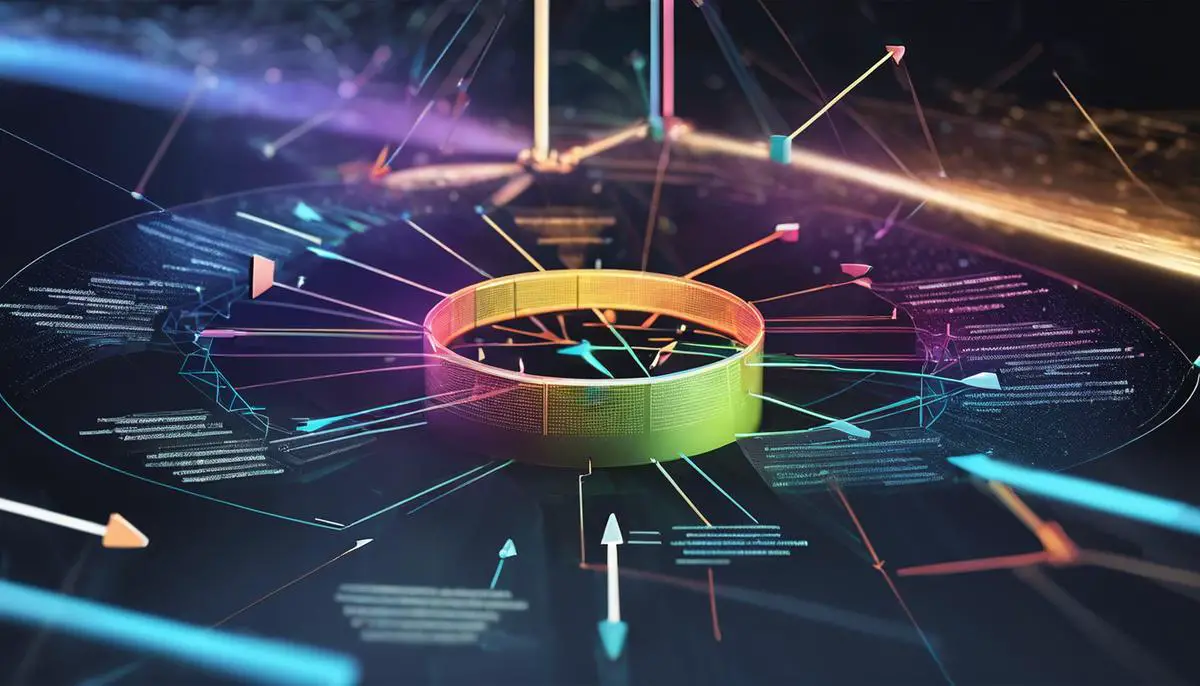 Illustration of AI analyzing data segments with arrows breaking down a complex structure into individual components